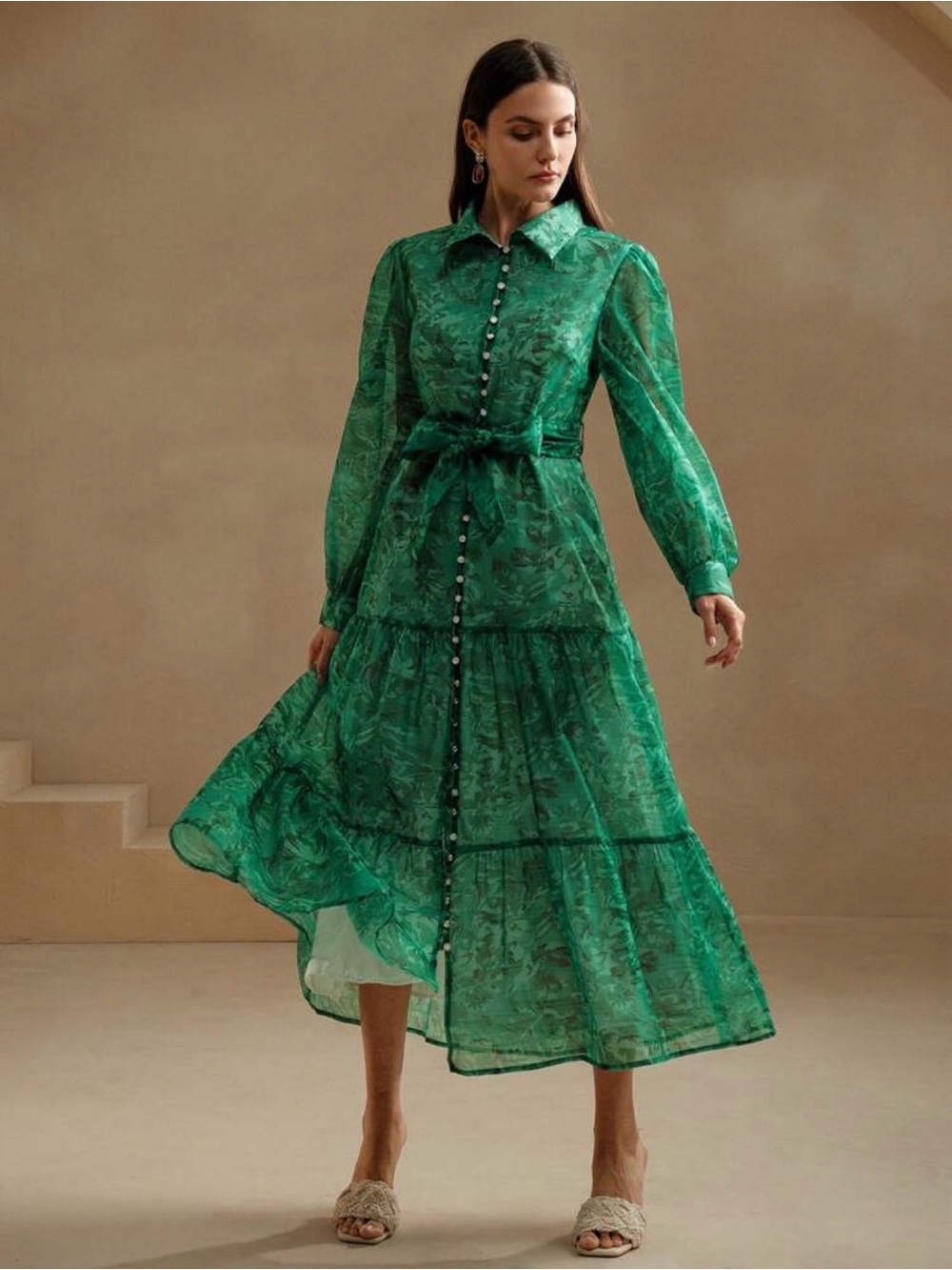 Green Tiered Button-Front Maxi Dress with Self-Tie Waist